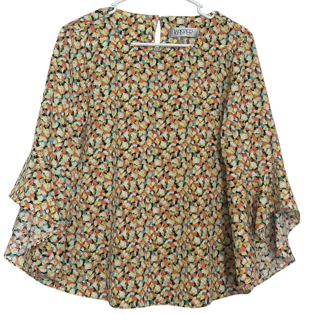 Kasper Multicolor Abstract Floral Bell Sleeve Blouse NWOT • Statement • Size S